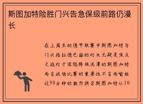 斯图加特险胜门兴告急保级前路仍漫长